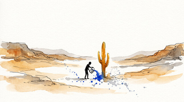 Blue amber watercolor ink figure watering cactus in desert, representing mental health and small business persistence, caring in harsh conditions and nurturing against the odds concept