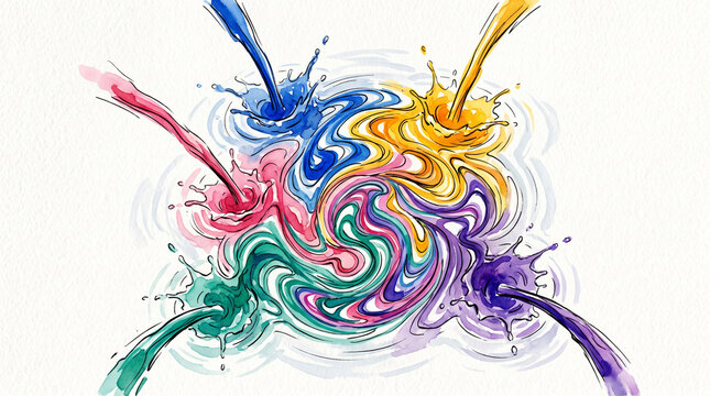 Colorful watercolor ink drops swirling in water, representing business collaboration and diversity creating beauty, different perspectives merging into something magnificent concept