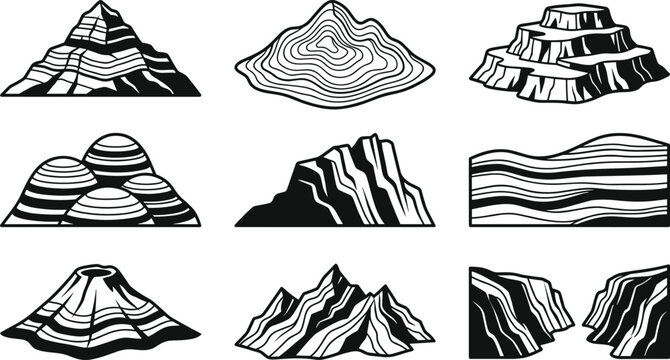 Geological landform and rock strata collection, mountain terrain contour symbols set, vector illustration bundle design graphics artwork
