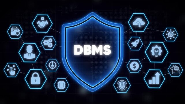 Dbms database management system concept with cyber security shield and digital network