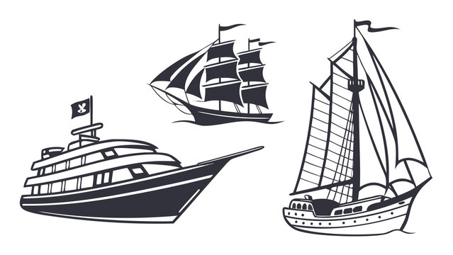 Vintage Sailing Ship on the Sea and River with Tall Masts Nautical Marine Vessel for Ocean Travel Adventure and Summer Cruise Illustration
