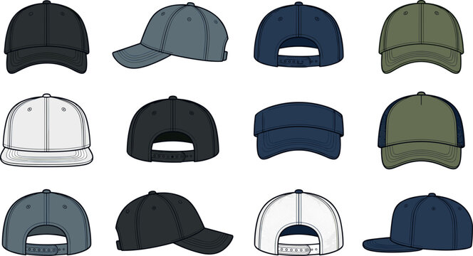 Baseball Cap and Snapback Vector Template Set with Front Side and Back Views for Apparel Mockups, Fashion Branding, and Clothing Merchandise Designs
