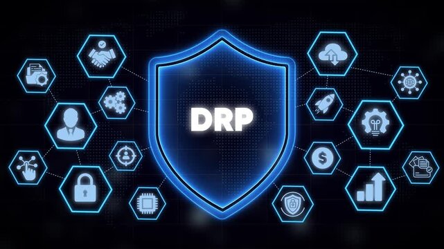 Drp disaster recovery plan concept with digital shield and network security animation desi