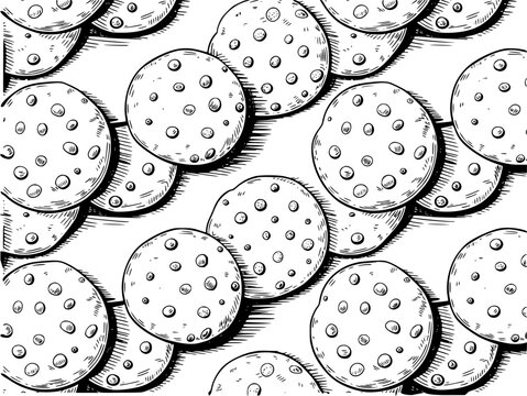Hand-drawn pattern of round cookies with small dots, black and white
