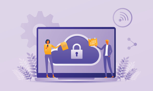 Cloud Storage Security Concept with Secure Data Sharing and Team Collaboration Flat Vector Illustration
