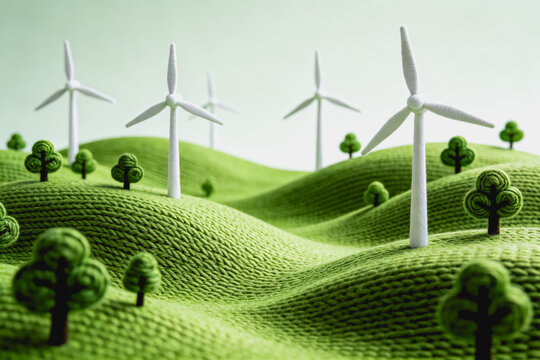 A miniature knitted landscape with wind turbines and stylized green trees representing renewable energy.