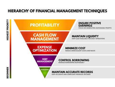 HIERARCHY OF FINANCIAL MANAGEMENT TECHNIQUES diagram displays profitability, cash flow management, expense optimization, debt management, and bookkeeping systems for corporate planning structure.