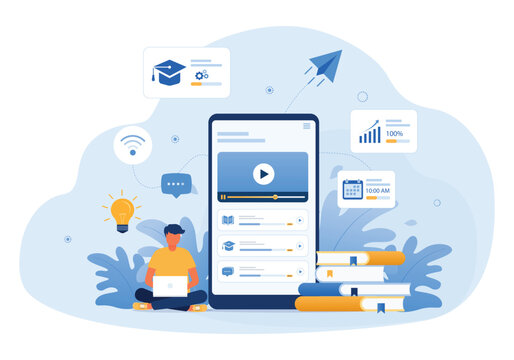 Online Learning Platform with Mobile Education App, Digital Courses, E-learning Dashboard and Student Flat Vector Illustration