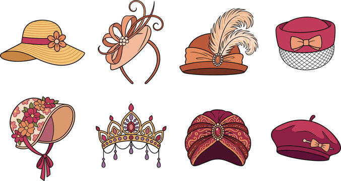 Vintage Women's Hat Collection with Elegant Fashion Headwear and Decorative Accessories Illustration