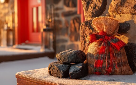 Traditional Scottish Hogmanay Firstfooting with Coal and Salt Bag Display