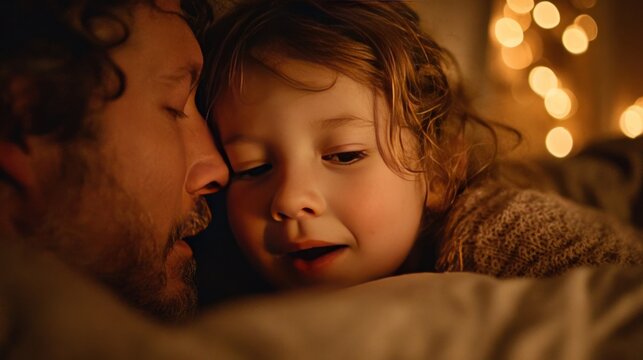 A small child whispering their last-minute Christmas wish into a sleeping parent's ear late on Christmas Eve,