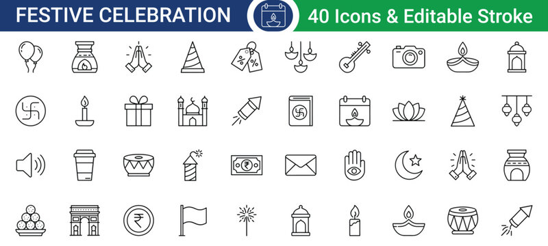 Festive celebration icons set with editable stroke, vector illustration
