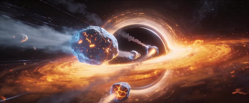 Cosmic space asteroid orbit near black hole, swirling nebula rock sky swirl light, fiery debris collision impact, vivid sci fi fantasy galaxy drama energy