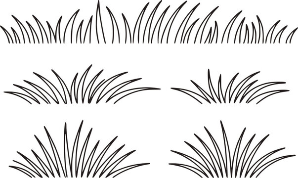 清潔な白背景に孤立した手書きの白黒の草の茂みと牧草地のセット