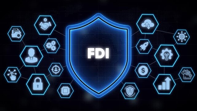 Fdi foreign direct investment concept with digital shield security and global business