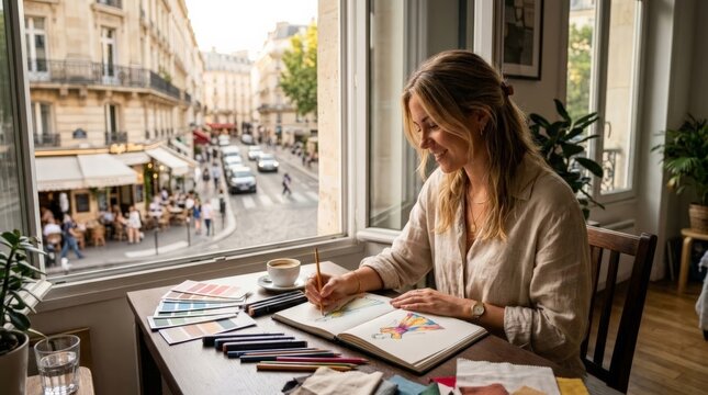 A fashion designer sketching at a window desk with a view of a city street, utilizing color swatches and markers for her creative process