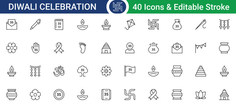 Diwali celebration icons set with editable stroke, vector illustration