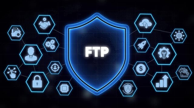 Ftp file transfer protocol security concept with digital shield and network motion