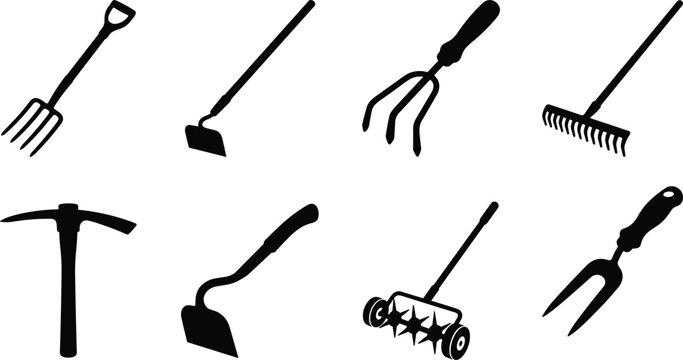 Garden Hand Tools Silhouette Set with Rake Hoe Fork Cultivator and Pickaxe Collection