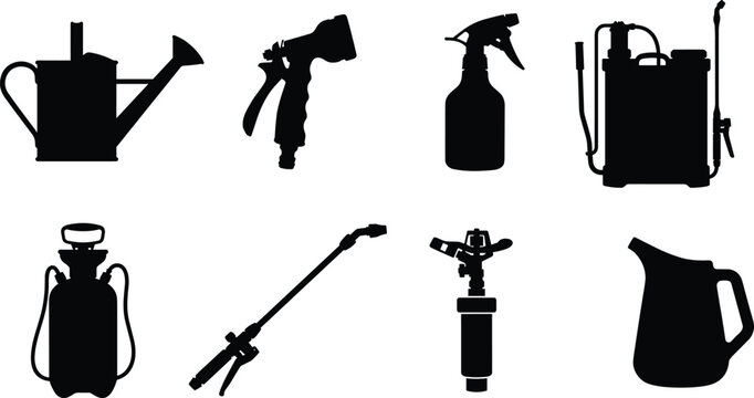 Garden Tool Silhouette Set with Watering Can Sprayer Backpack Sprayer and Irrigation Equipment