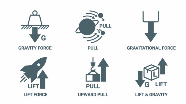 Physics force vector diagram icons showing gravity lift and pulling mechanical work motions.
