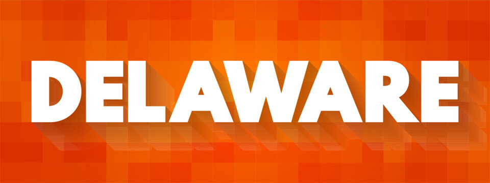 DELAWARE text stands out against a pixelated, blocky background pattern with drop shadows. This clean typographic layout represents the american state, corporate business structuring, and travel.