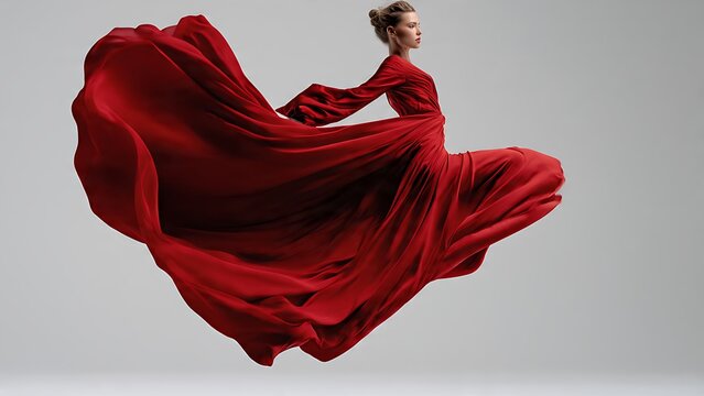 Beautiful Caucasian female fashion model gracefully flying in midair, wearing dramatic dynamic flowing red dress, isolated minimal light grey background, elegant creative movement,