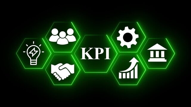 Digital K P I Dashboard with Global Network Icons and Business Growth Analytics key performance indicator. Green color icon on black background.