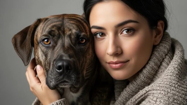 Closeup portrait of a woman and her brindle dog