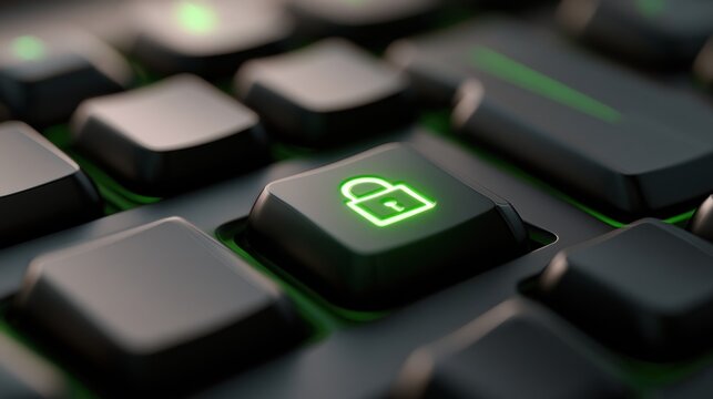 Close up of a keyboard with a glowing green lock icon