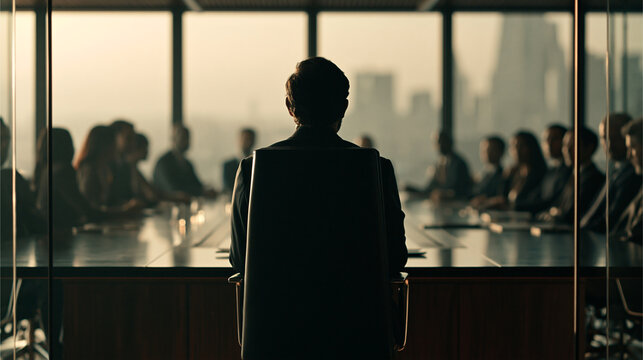 Leadership Vision: A confident leader stands before a group of attentive colleagues in a modern boardroom, silhouetted against the backdrop of a city skyline at dusk.