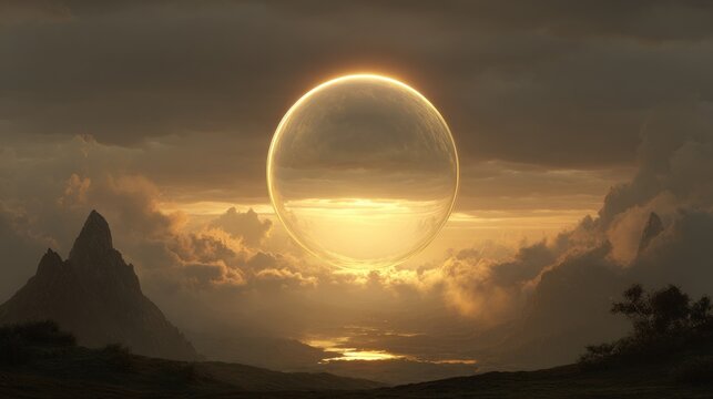 Mystical glowing sphere over dramatic mountain landscape at sunset