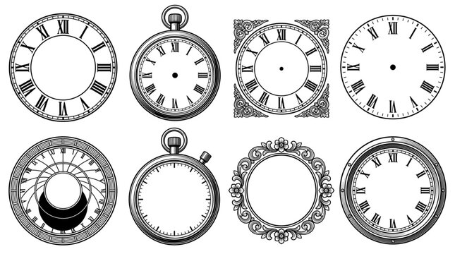 Set of Vintage Clock Faces and Antique Pocket Watch Illustrations, Decorative Roman Numeral Dials, Ornate Frames and Engraved Timepiece Elements for Design, Black and White Vector Graphic