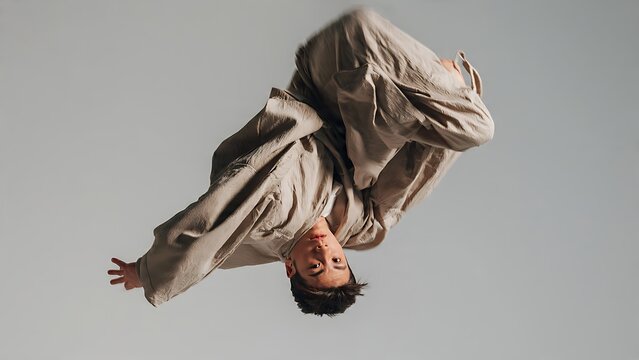 Dynamic upside down action portrait of young Asian male dancer performing energetic midair flip, wearing loose casual beige clothing against minimal grey background, strong creative