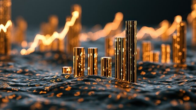 Abstract golden bars graph in water with light streak