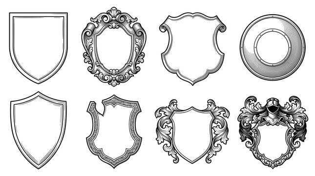 Collection of heraldic shields, ornate baroque frames and medieval crests in vintage engraving style, knight helmet emblem, filigree design elements for logo and branding.