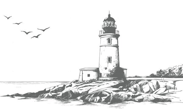 Hand drawn sketch of vintage lighthouse on rocky coast with flying seagulls vector illustration background