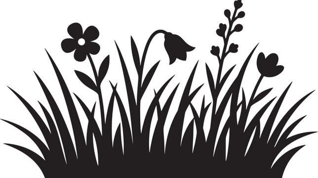 Black silhouette of wild meadow grass and blooming flowers isolated on a white background vector illustration