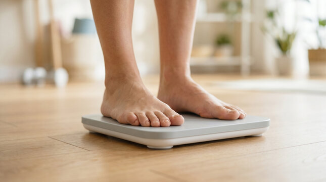 Close-up of bare feet on a digital bathroom scale. Perfect for illustrating health, fitness, and weight management concepts