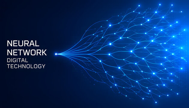 Neural network digital technology banner with glowing blue light nodes. Artificial intelligence data connections spreading from a single source. Abstract computer network concept.