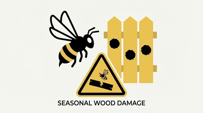 Carpenter bee near wooden fence with holes and warning sign. Informative graphic about pest damage and seasonal maintenance. Educational materials, pest control ads, home repair blogs.