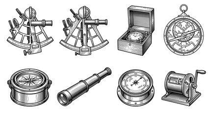 Vintage Nautical Navigation Instruments Collection including Sextant, Compass, Telescope, and Astrolabe, Hand Drawn Engraving Style Vector Illustration © Dr. Click