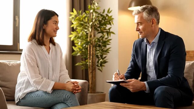 Two professionals discussing ideas and collaborating in a bright office environment. Inviting interior with natural light and plants. Concept of consulting, teamwork, business growth
