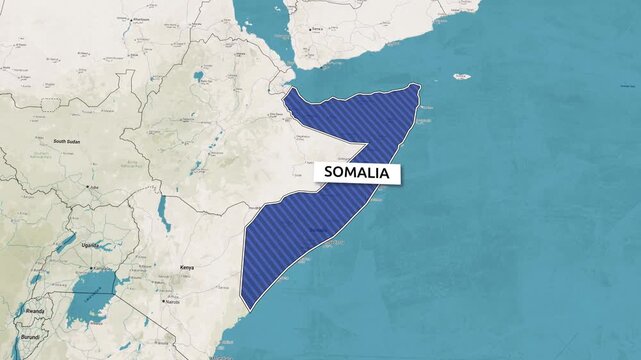 Borders of the state of Somalia on the map. Country Somalia on the map is highlighted by a polygonal border. Map animation. From above zooming in with panoramic view