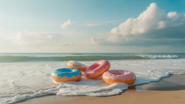 Colorful donut shaped inflatable rings on beach sand with ocean waves symbolizing summer leisure fun playful food inspired holiday design