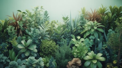 Fototapeta premium Dense arrangement of green plants and succulents with diverse foliage textures symbolizing natural beauty indoor garden and calming environment