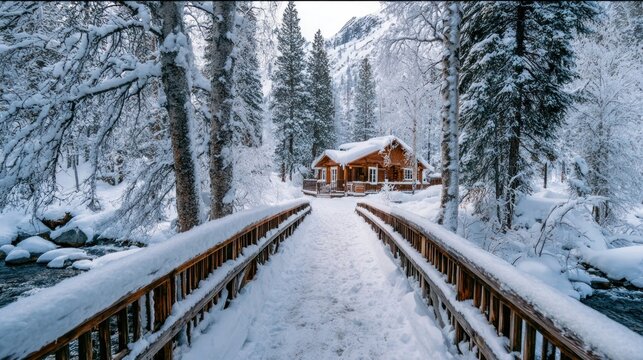 A snow-covered bridge leading to a charming winter cabin