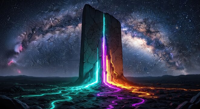 Glowing monolith under starry galaxy sky.
