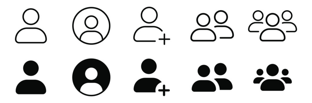 Professional user profile avatar icon set with individual accounts group community symbols and add friend button options in thin outlines and solid flat shapes