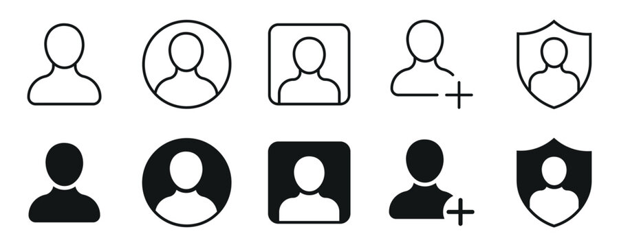 Modern user account avatar and secure profile icon set including circle square frames add option and security shield vector icons in linear and flat styles